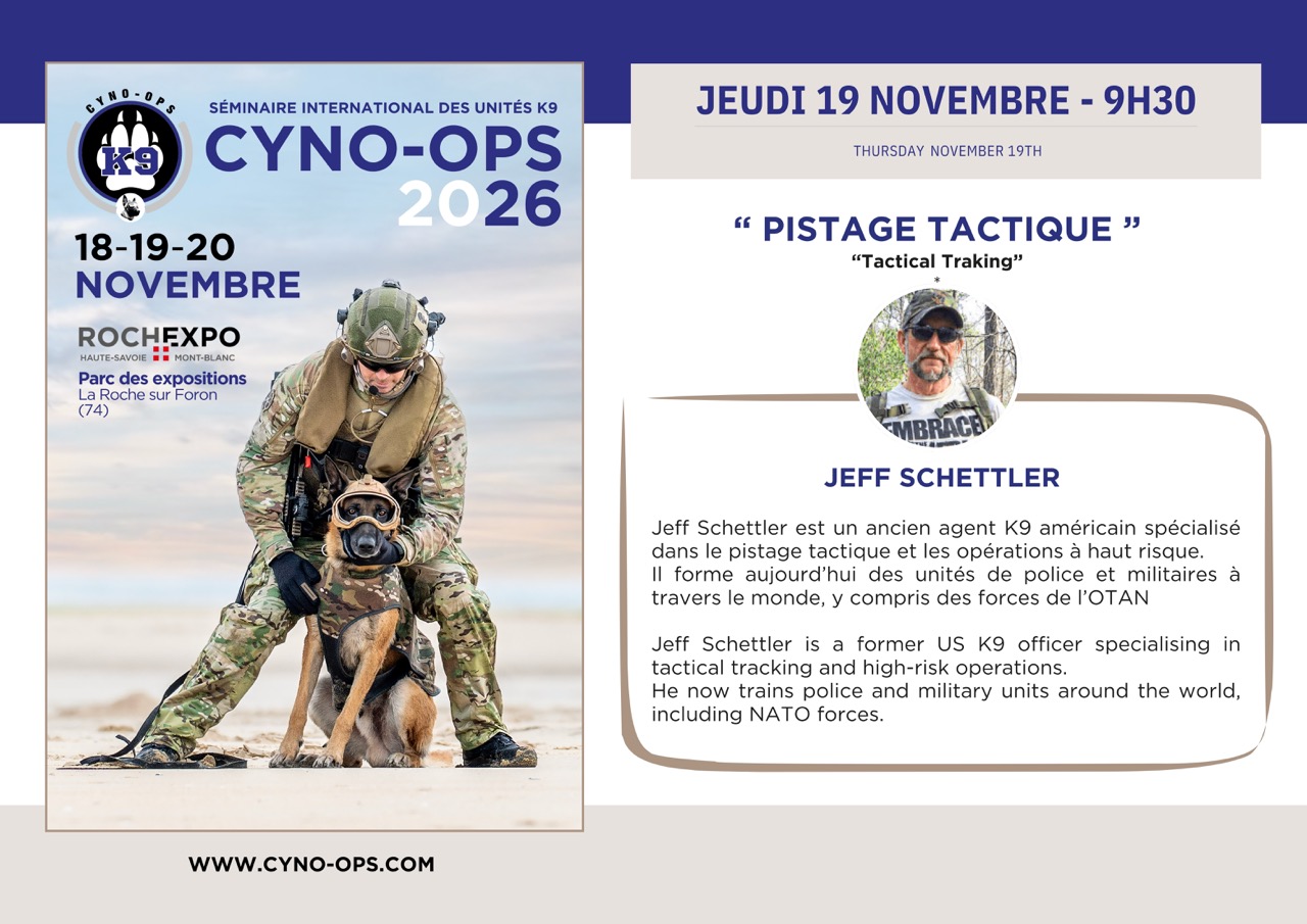 Jeudi 19 novembre 9h30 - Pistage Tactique par Jeff Schettler - Cyno-Ops 2026
