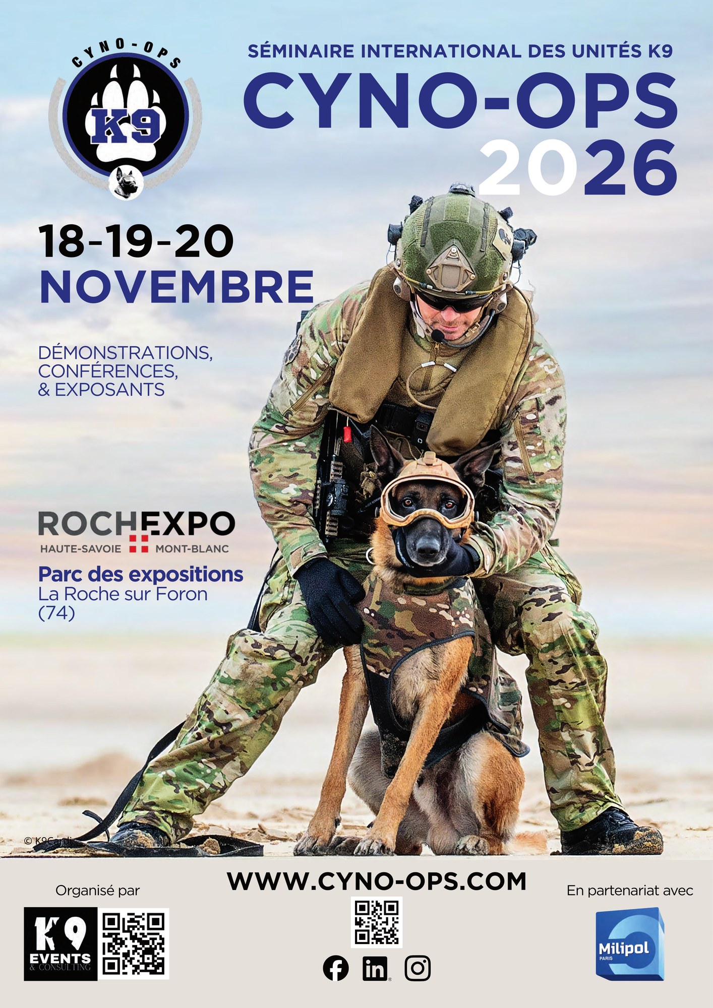Affiche officielle Cyno-Ops 2026 - seminaire international des unites K9, 18 au 20 novembre 2026, Rochexpo La Roche-sur-Foron